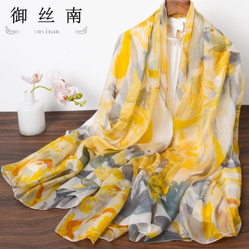 Spring Summer Women Large-size Printed Beach Shawls Muslim Hijabs Travel Thin Sunscreen Scarf/Scarves 100% Silk Beach Scarf