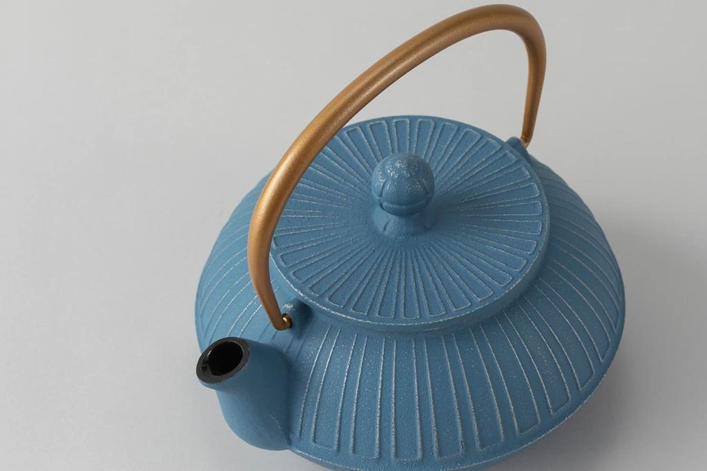 Iwachu Teapot, Type 5, Chrysanthemum Design, Silver/Sky Blue, 0.65L, Enameled Interior, Nanbu Ironware, 44350