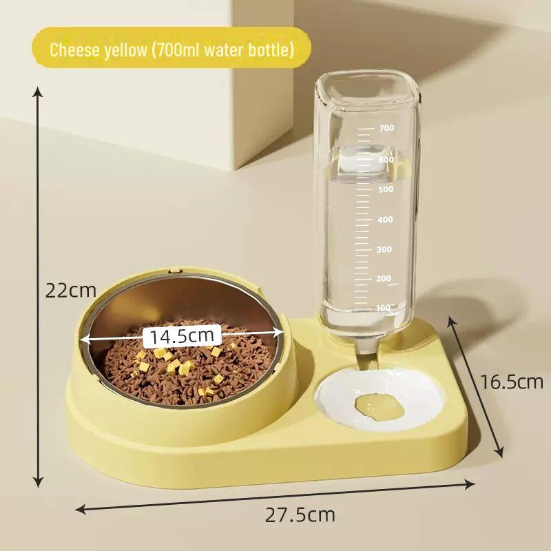 Pet Double Bowl: Automatic Water & Food Bowl for Cats and Dogs, Tilted Design for Easy Feeding.