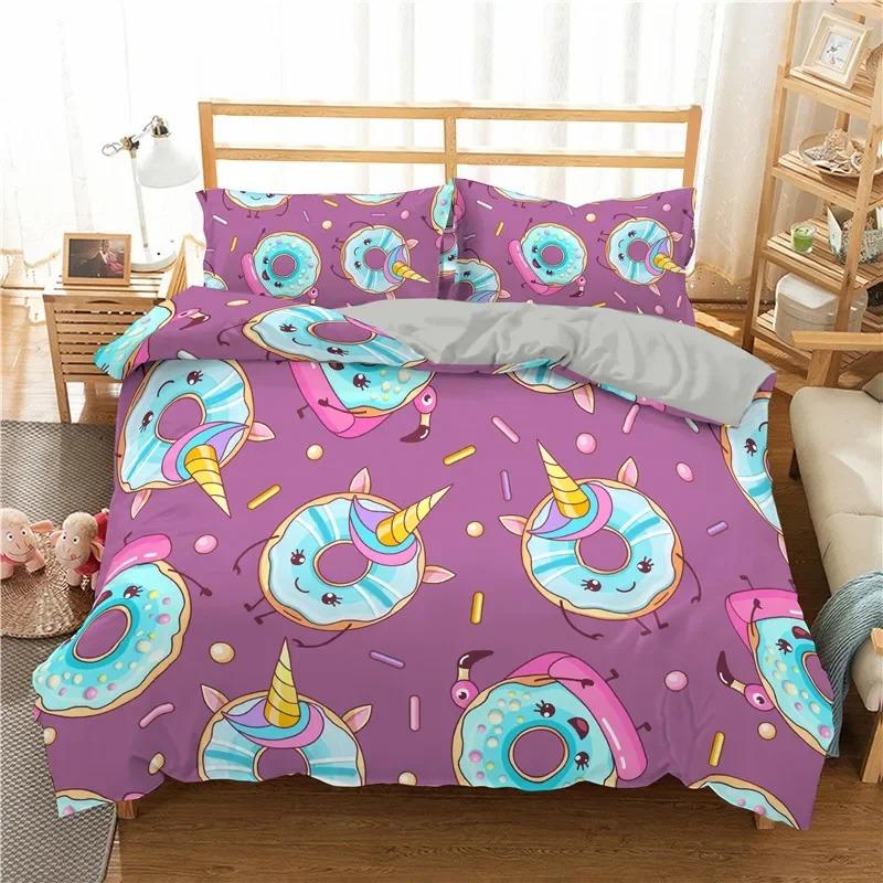 Colorful Donut King Size Duvet Cover Cartoon Sweet Chocolate Dessert Bedding Set for Kids Girl Food Polyester Quilt Cover