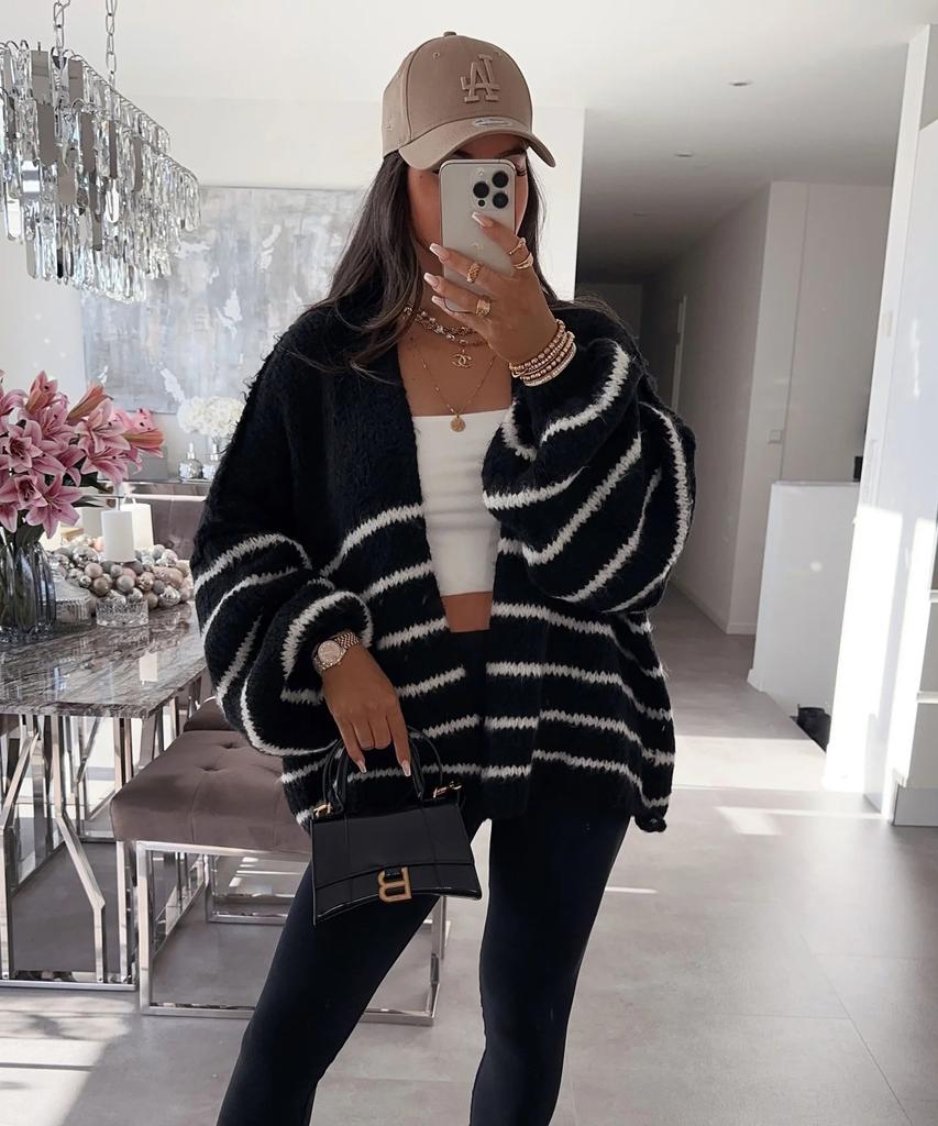 New autumn and winter sweater for women, loose contrasting stripes, reverse bone embroidery, knitted cardigan jacket for women 3583 KTB