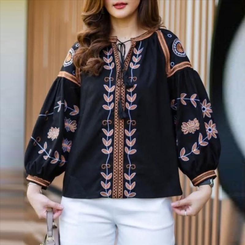 

ZANZEA Женская повседневная блузка с V-образным вырезом, свободным рукавом 3/4 и принтом 5XL чёрный