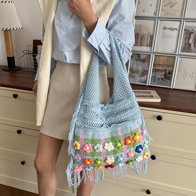 Fashion Crochet Knit Shoulder Tote Bag with Colorful Flower Tassel Womens Shoulder Bag for Vacation Shopping and Daily Outing Ladies' Holiday Gifts