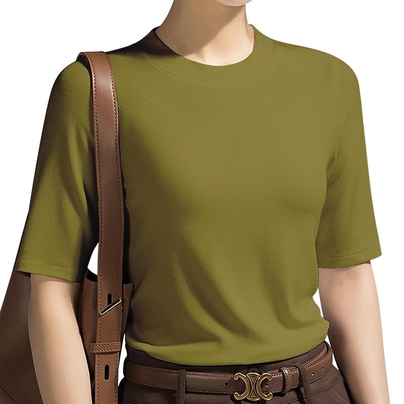 

[YUMISS] Half sleeve T-shirt ladies short sleeve spring summer [The upper arms look thinner and look loose] T-shirt tops Plain color round neck soft