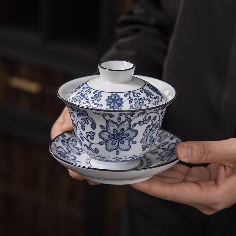 Blue And White Porcelain Sancai Cover Bowl Dehua Ceramics Retro Home Office Single Tea Bowl Teacup Kung Fu Tea Set