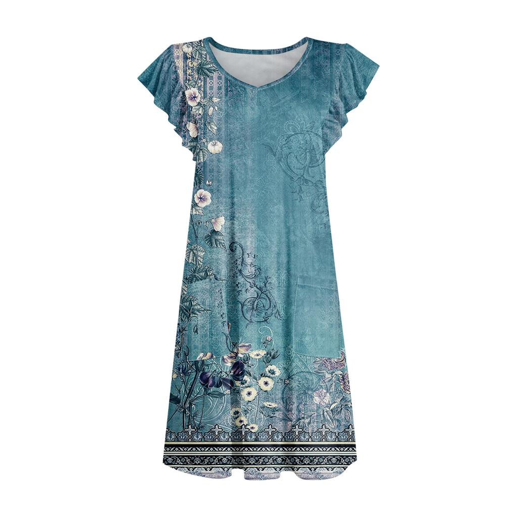 Womens Summer Dress Ruffle Sleeve V Neck Short Dresses Fashion Casual Flowy A Line Swing Sundress With Pocket