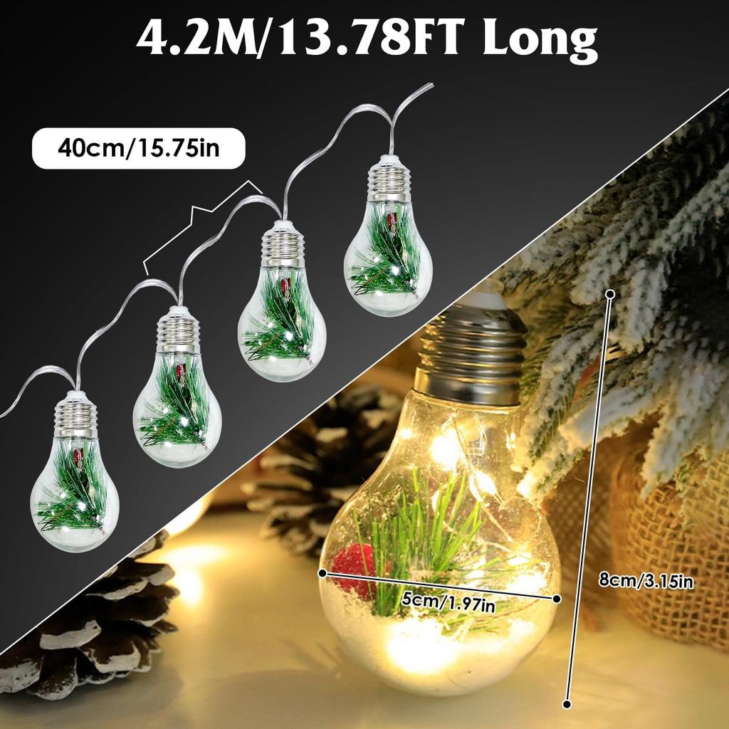 13.78FT Christmas Snow Globe Lights, 10 LED Bulbs Lights for Christmas Tree, Battery Powered String Lights with Pine Needles, Snow & Berries, for
