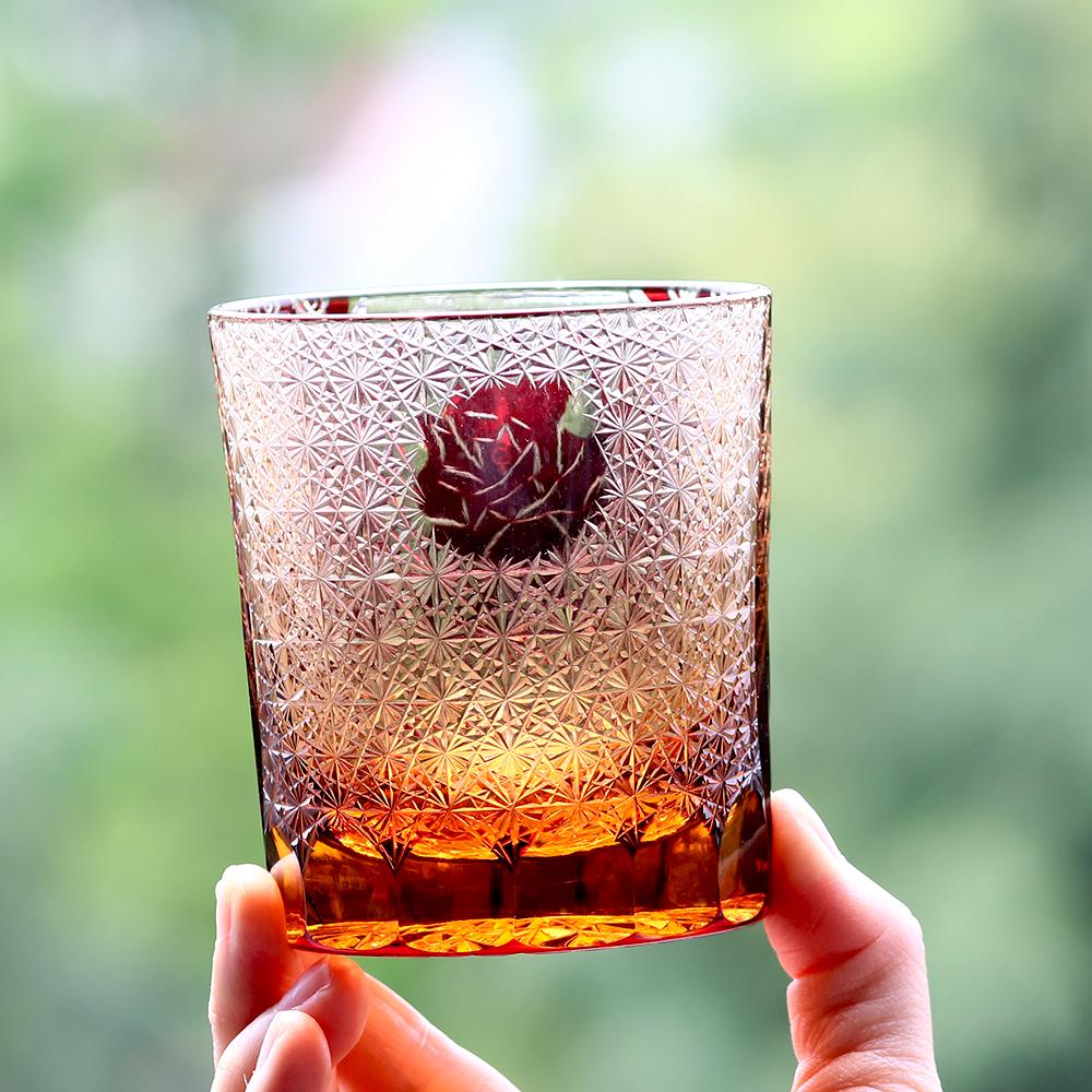 240ml Classic Handmade Edo Kiriko Whiskey Glass Tumbler with Rose Design Japanese Style Red Blue Cocktail Cup with Gift Box