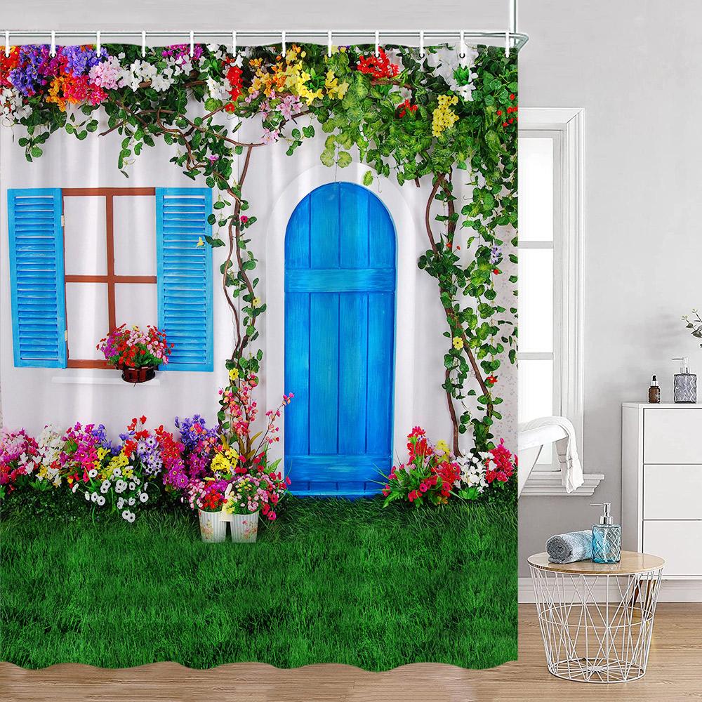 

Greek Town Shower Curtain Greek Street View Sea View Blue Door Greece Scenery Bathroom Curtain Flower Plant Bath Decor With Hook W60H190(CM)-1 Pcs