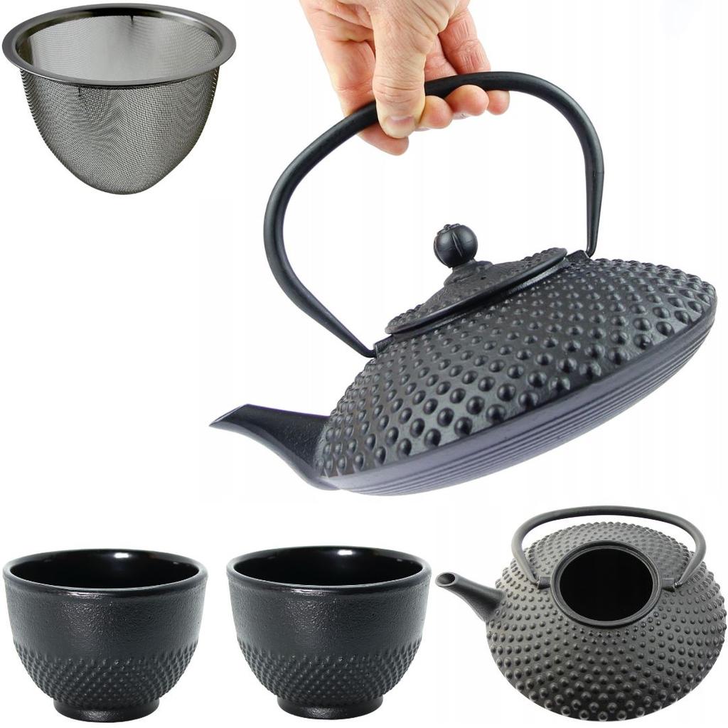 CAST IRON KETTLE 1.25L TEA TEAPERTAIN + 2x CUPS