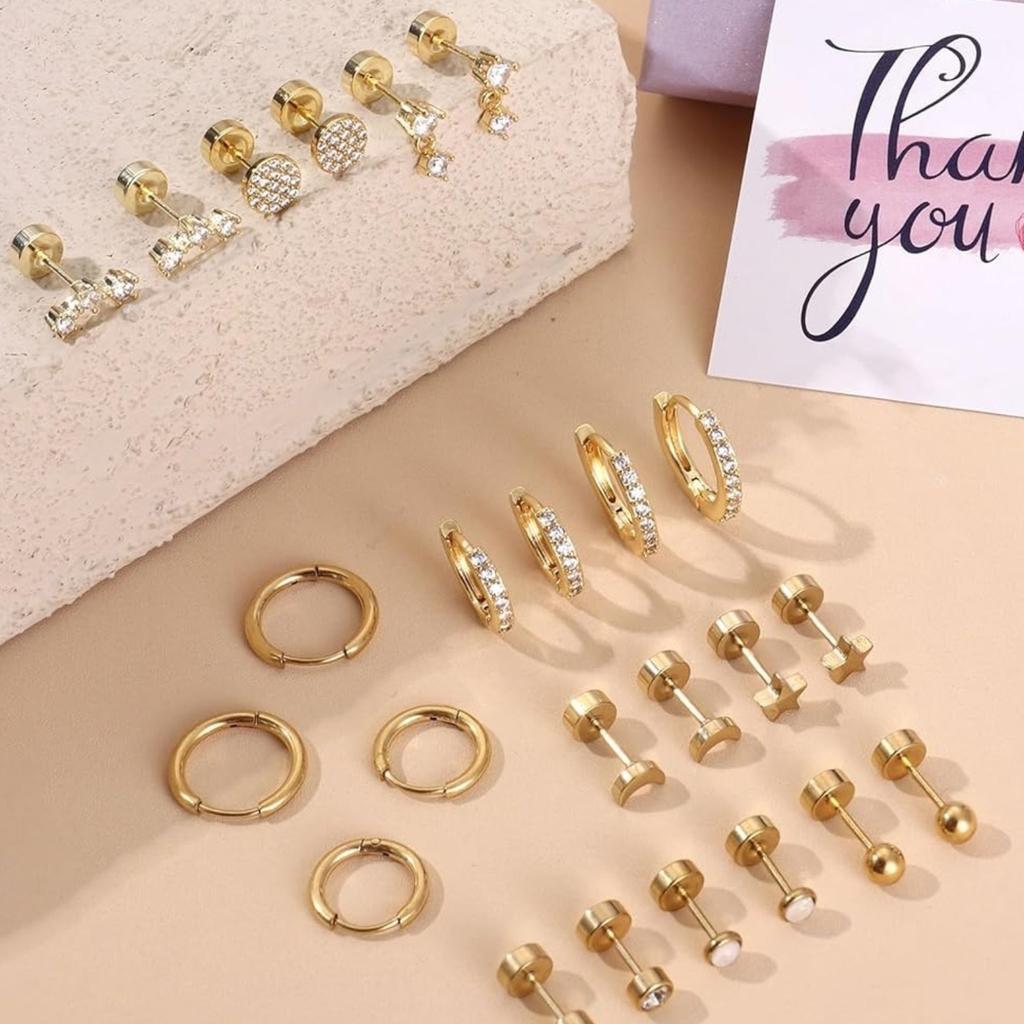 Bobisty 12 Paia Orecchini con Dorso Piatto per Donne Acciaio Chirurgico 316L Orecchini a Bottone Cerchi Set da Impilare Gioielli per Piercing Cartilagine Helix