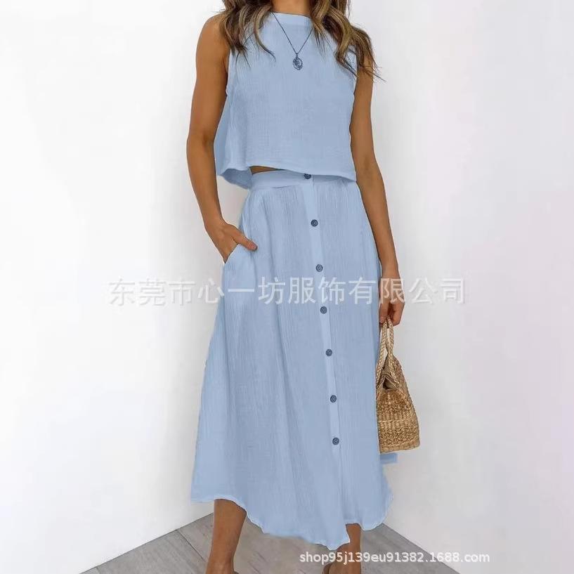 Women Sleeveless Tank Top High Waist Button Front Midi Skirt Two Piece Set Casual Summer Outfit