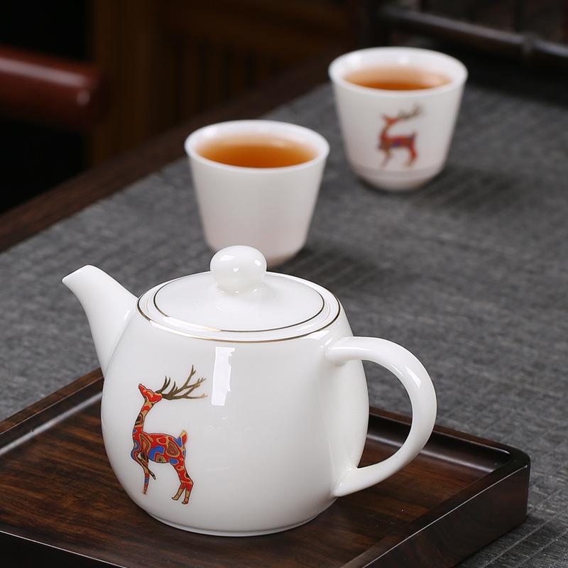 Gold-Embossed Dehua White Porcelain Sheep Fat Jade Teapot Internet Celebrity Large Lacquer Deer Companion Tea Brewing Filter