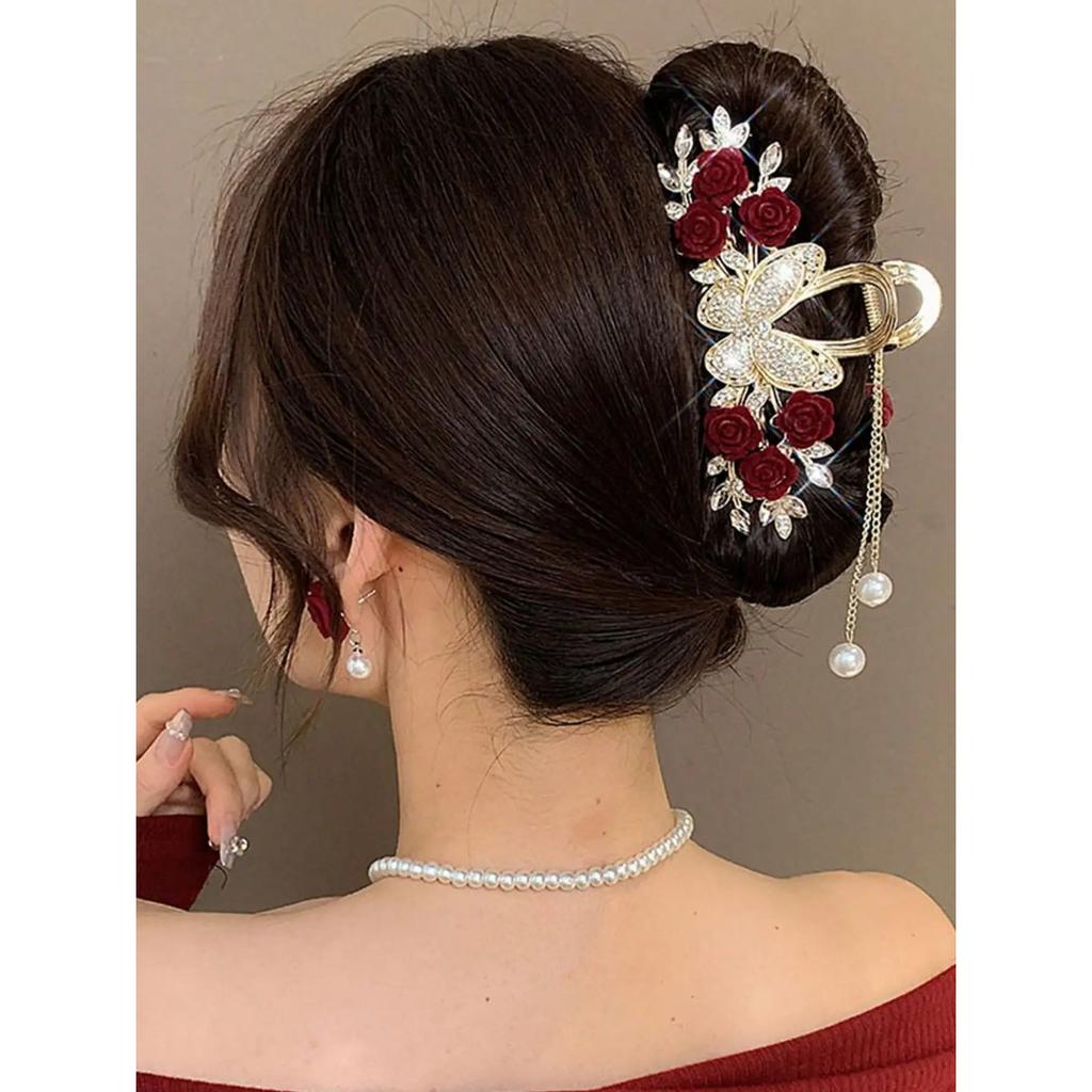 1 st Mode Diamantbesatta Fjäril Ros Tofs Hårklor För Kvinnor Håraccessoarer