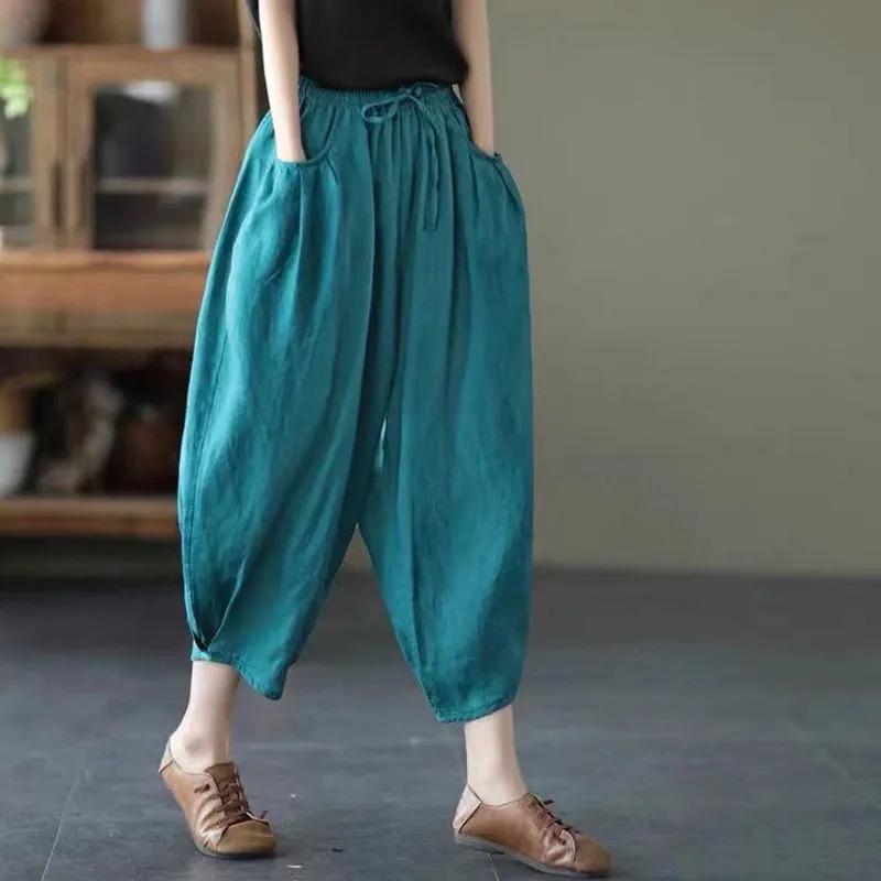 Women's Dopamine Retro Zen Style Elastic Waist Cotton Linen Cropped Harem Pants for Spring Summer