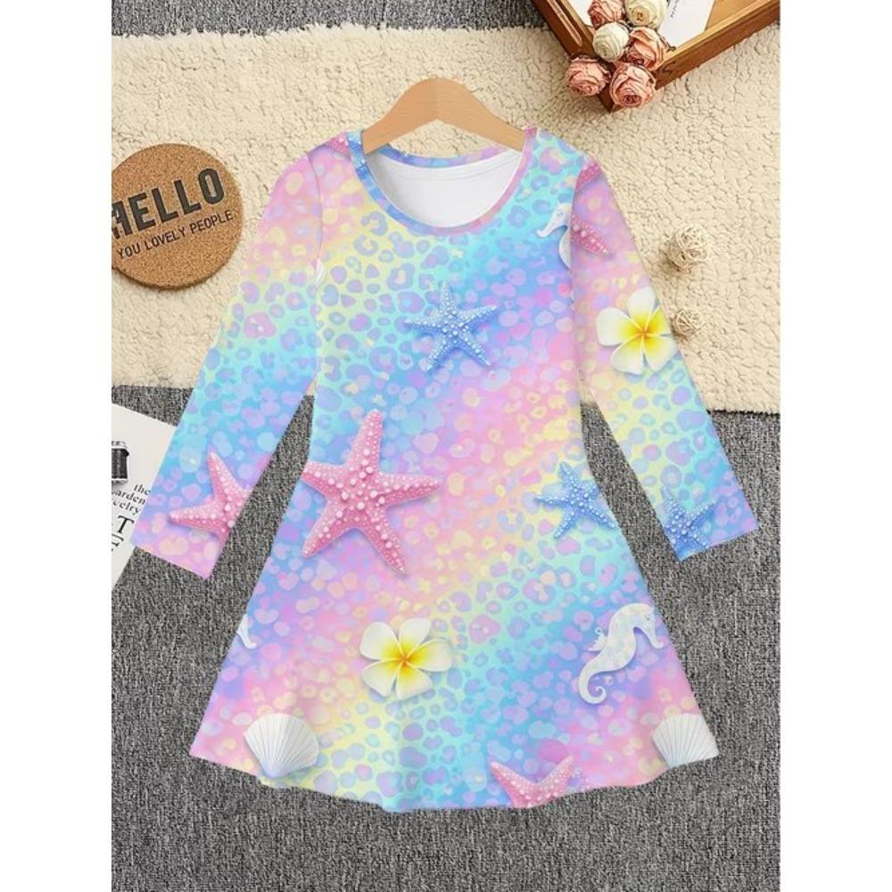 Robe décontractée pour fille avec impression tie-dye 3D, col rond, manches longues, robe de princesse pour enfant
