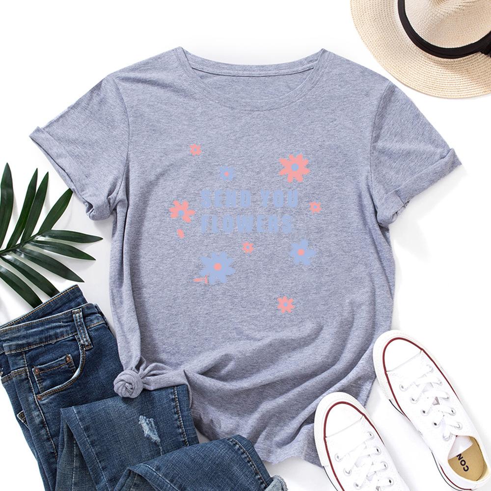 Send You Flowers Cotton T-Shirt Short Sleeve Round Neck Women 2d Print Tops