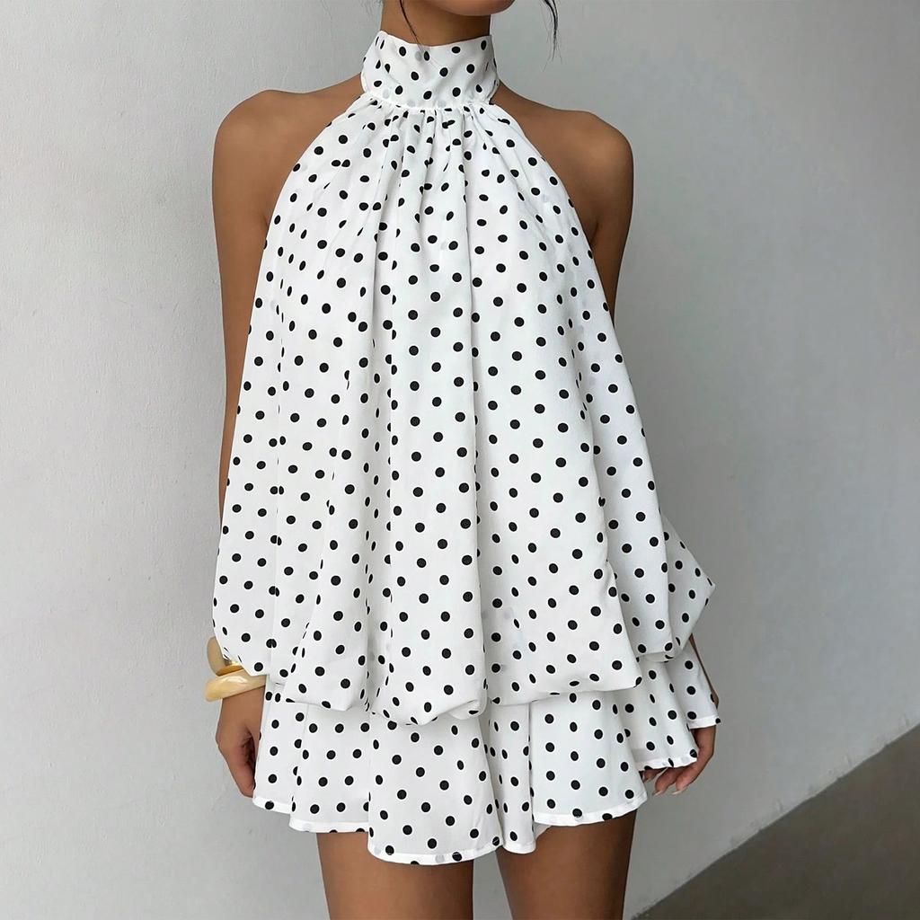 Women’s Neck Irregular Hem Polka Dot Sleeveless Backless Mini Dress Loose Fit Layered Skirt Design for Summer Wear