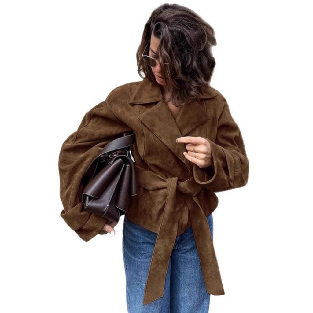 Neuer Vintage Wildleder Kunstleder Revers Gürtel Blazer Mantel, Elegante Pendler Freizeitjacke Für Damen, Herbst Tägliches Outfit Großhandel