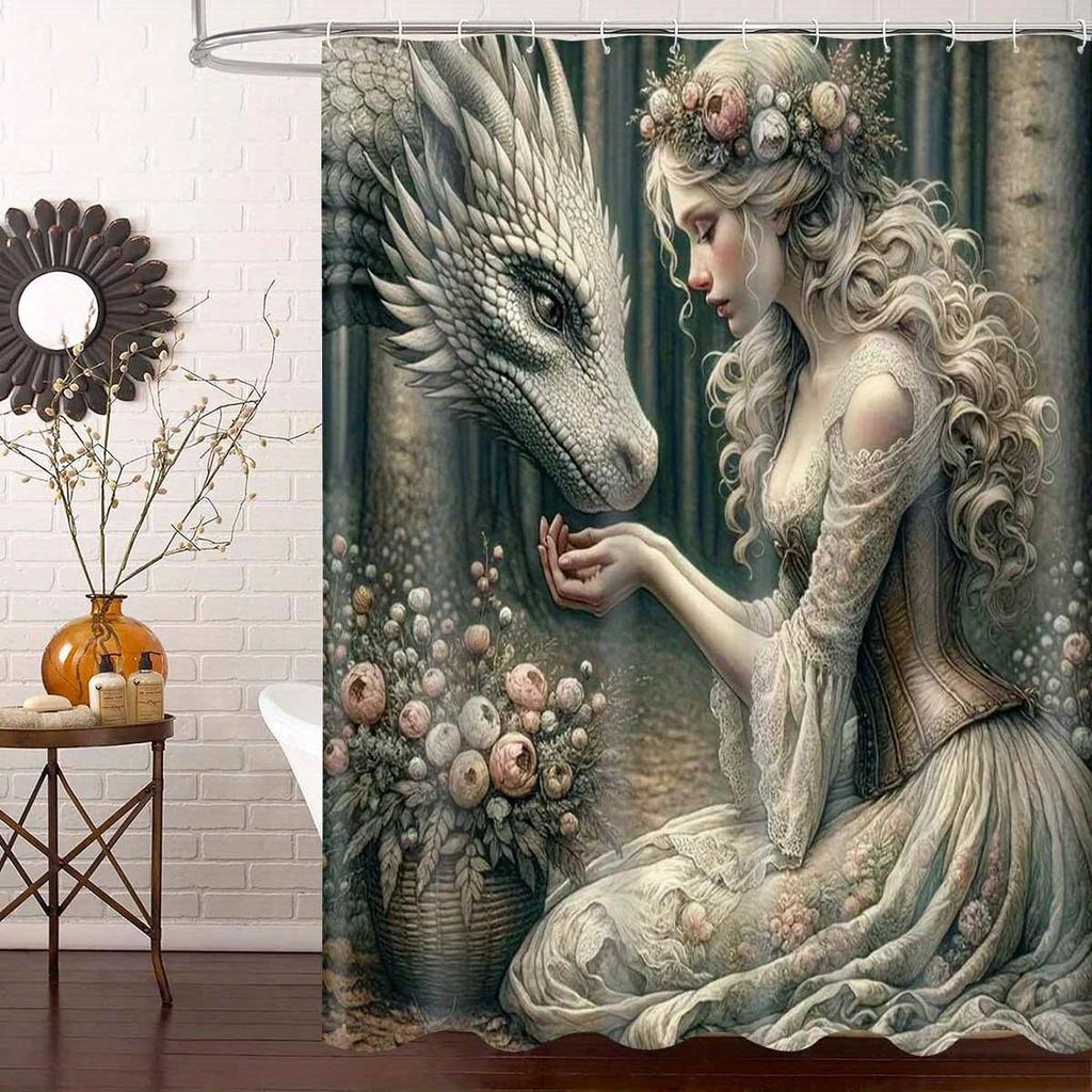 Förtrollad Skog Prinsessa och Drake Vattentätt Duschdraperi för Badrumsdekor, Unik Konstdesign, Livfulla Färger