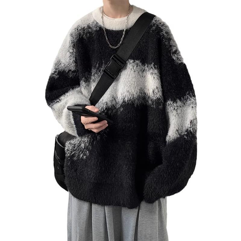 Sweat à capuche pelucheux pour homme - Blocs de couleurs rétro, chaud pour l'hiver, pull en maille ample