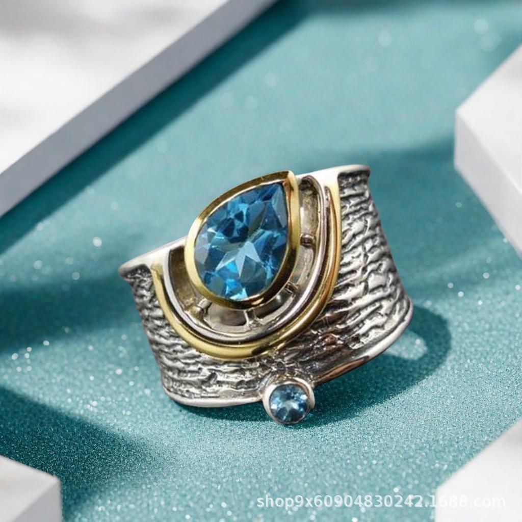 Creative ethnic style inlaid with blue water drop zircon fashion two-color women's ring