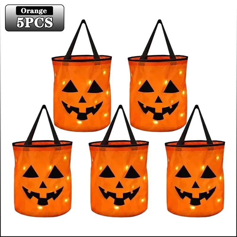 1-20PC LEDLight Up Halloween Pumpkin Candy Tote Bag Basket for Kids Trick or Treat Party Bucket for Holiday Event Decoration Use
