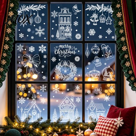 Christmas Party Window Ornaments 9Pcs Clings, Static Glass Stickers, Reusable White Line Hand-Painted Decals Clings for Holiday Home Decorations,