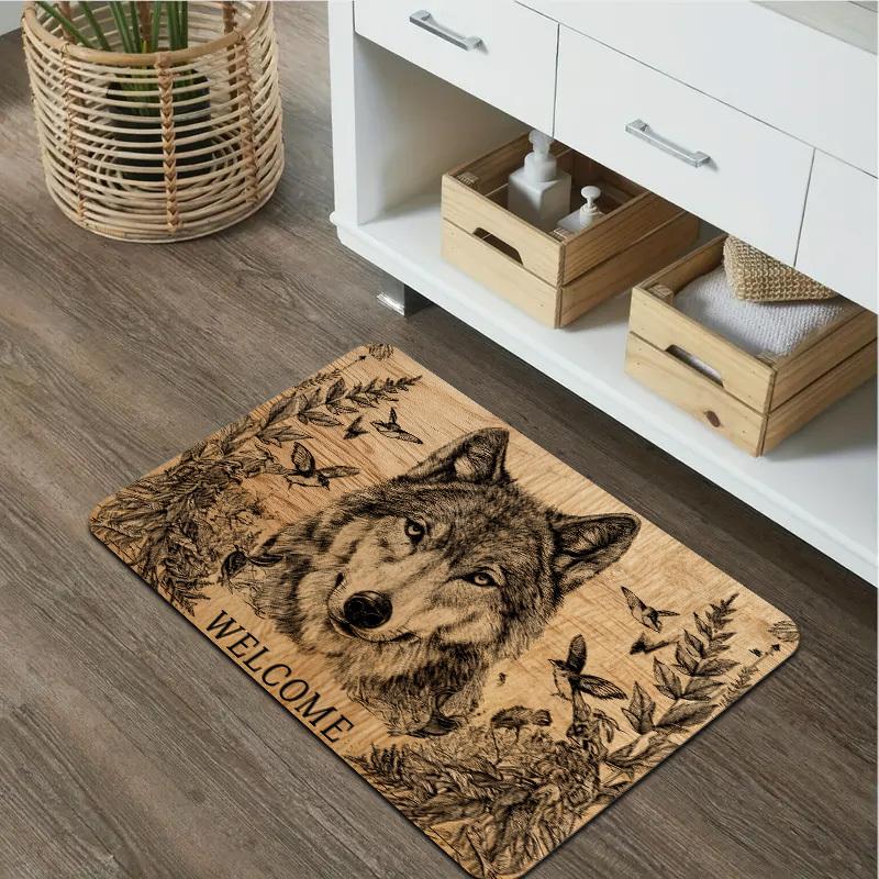 "WELCOME" Wolf Print Doormat, Non-Slip Washable Rug for Indoor Outdoor, Entryway, Living Room, RV & Home Decor