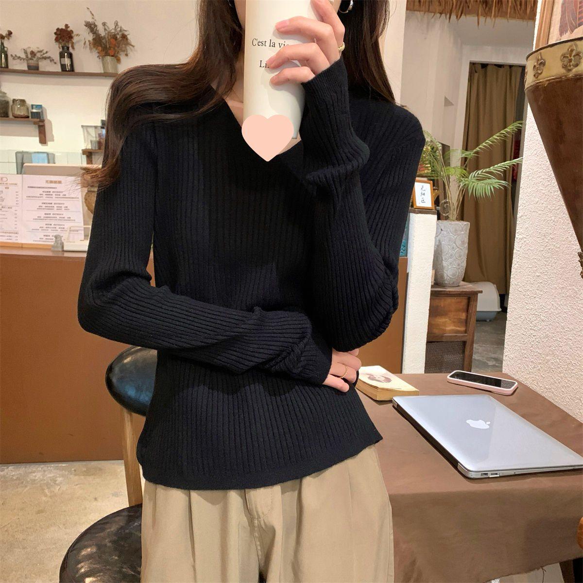 

Women s French V-Neck Slimming Ribbed Knitwear Top - Autumn/Winter L чорний