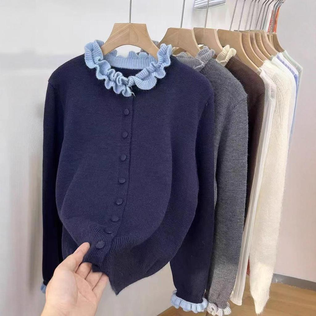 Chic Color Block Lace Round Neck Sweater Cardigan - Women's Slim Fit Top for 2025 Autumn/Winter.