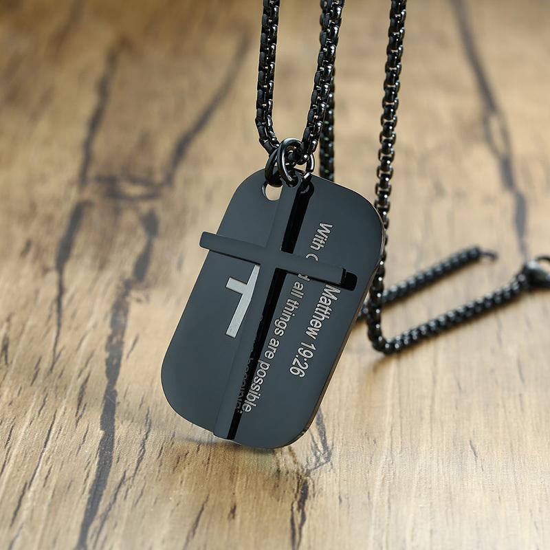 Vnox Personalized The Bible Cross Dog Tag Necklaces for Men Women, Black Stainless Steel Custom Prayer Christian Jewelry