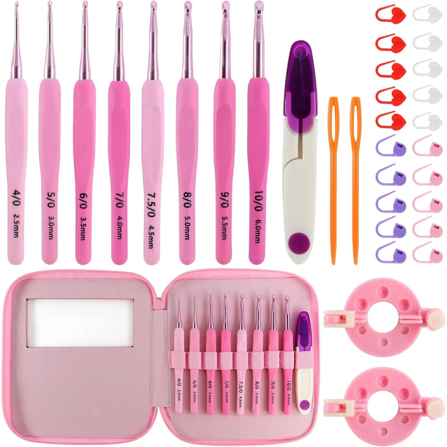 34PCS Crochet Hooks Set, 8 Sizes 2.5-6.0mm High-Quality Pink Gradient Aluminum Ergonomic Soft Handle Crochet with Case and Crochet Kit 34-Pack розовый