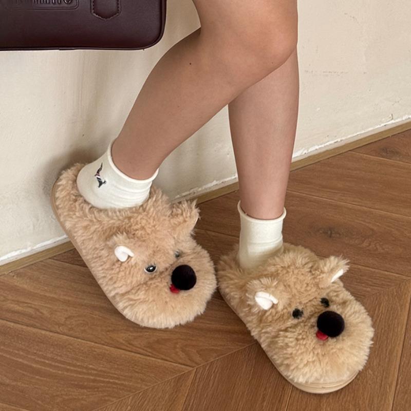 Fashion Indoor Fluffy Slippers For Women Men Winter Warm Shoes Cute Cartoon Dog Soft Plush Anti-slip Couples Home Floor Cotton Slides
