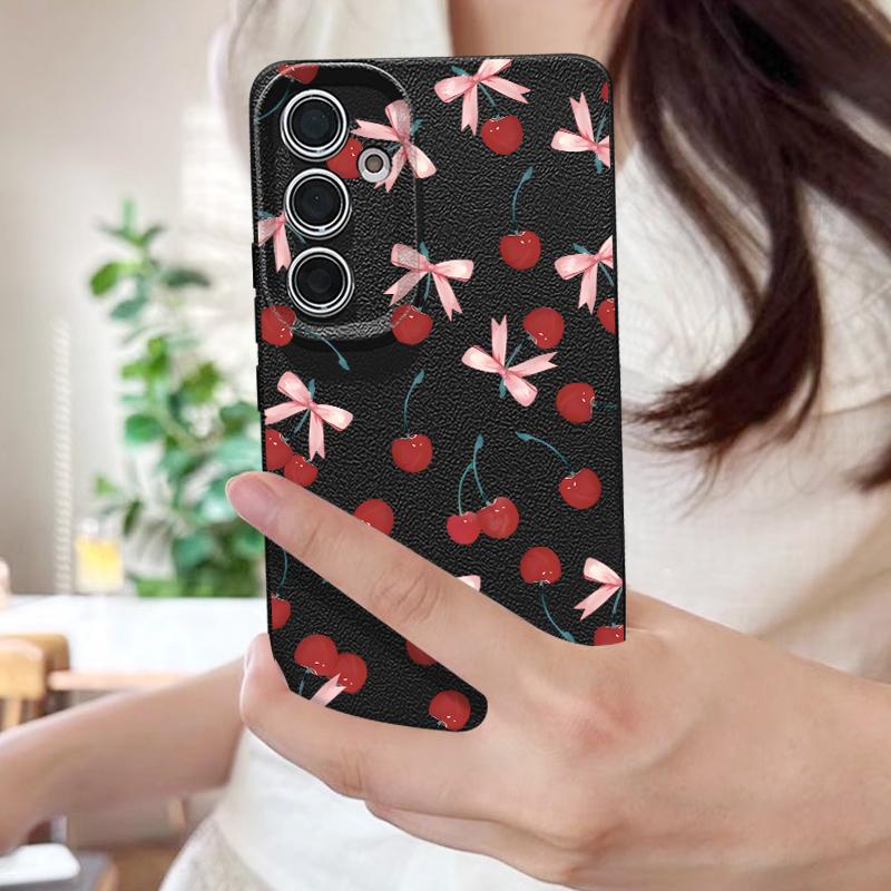 Cherry Bowknots Print Case For Samsung S26 Ultra S25 A18 S24 S23 S22 S21 FE A15 A16 A17 A35 A36 A37 A54 A55 A56 A57 Leather Texture Silicone Cover