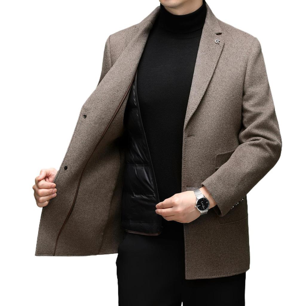Herren Mittellanger High-End Kaschmirmantel mit abnehmbarem Daunenfutter und Anzugkragen für Herbst/Winter.