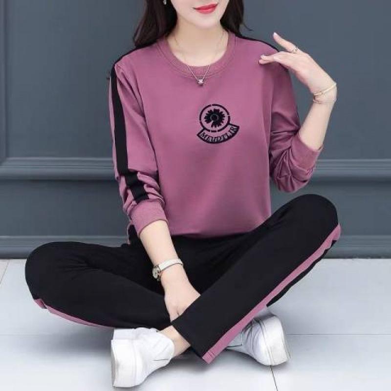 Sportswear Set for Women - Spring/Autumn Korean Style - Loose Round-neck Large Size - Long-sleeved Casual Two-piece Set