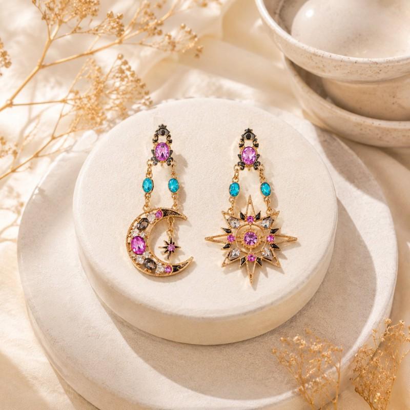 Baroque Sun Moon Asymmetrical Earrings Long Dangle Statement Jewelry Women