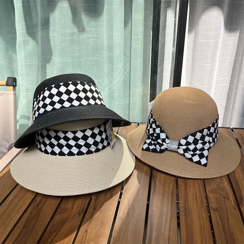 Rhinestone checkerboard bow sun straw hat women's summer straw shading hat seaside beach bucket hat basin hat