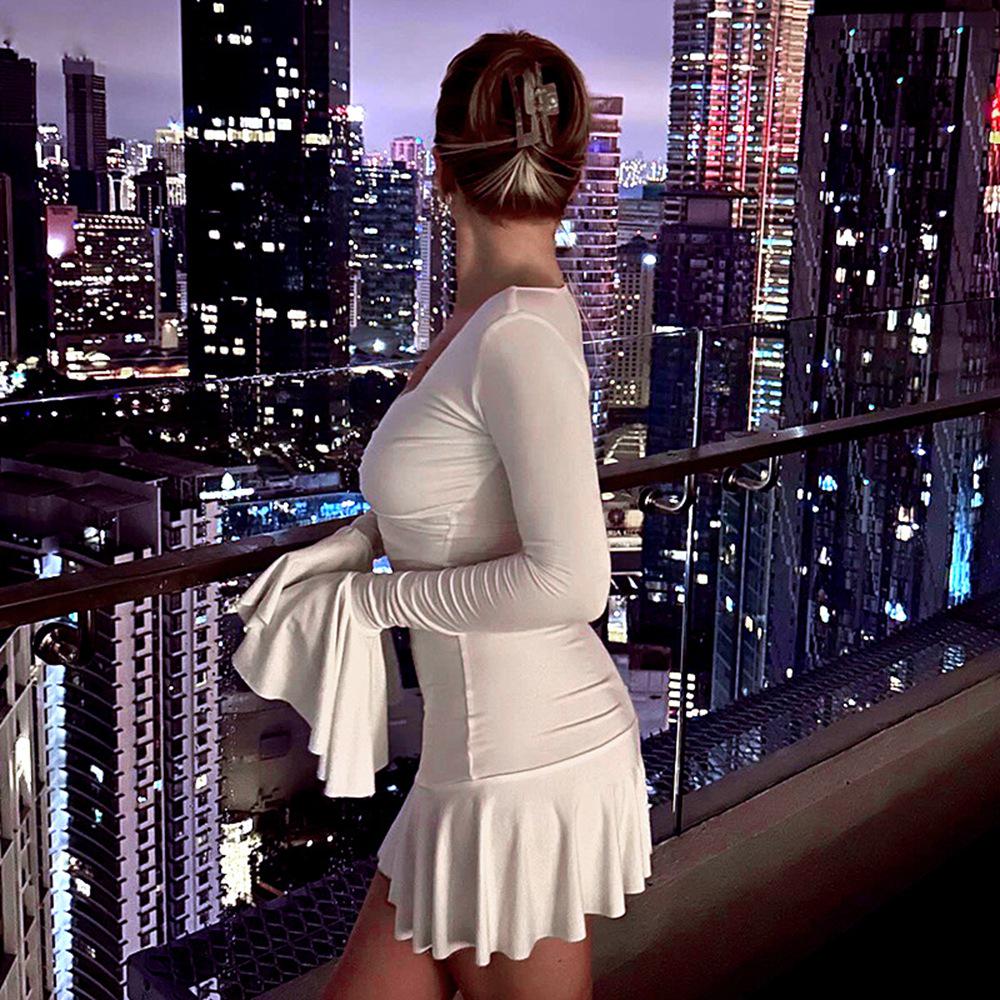 Women's 2024 Autumn/Winter Solid Color Low Neck Long Sleeve Ruffle Dress