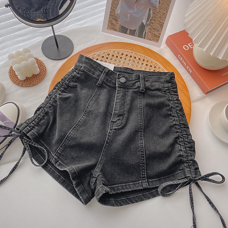 

Модные универсальные шорты из эластичного денима с завязками и высокой талией, женские плиссированные брюки, летний дизайн, соответствующая модель Sense of Hundred, тонкие широкие брюки S черный серый