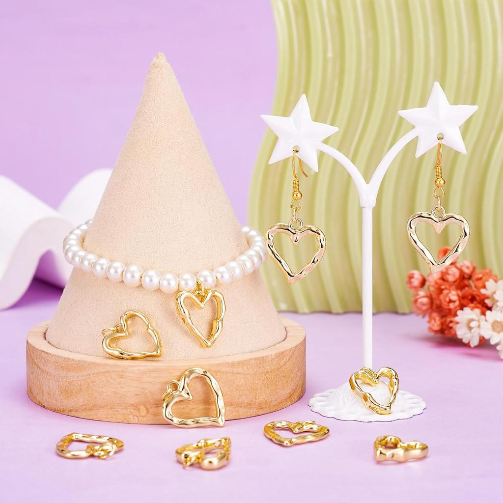FASHEWELRY 8Pcs 18K Gold Plated Heart Charms Golden Brass Heart Pendants Hollow Heart Dangle Bezel Charms for Valentine's Day DIY Earring Necklace