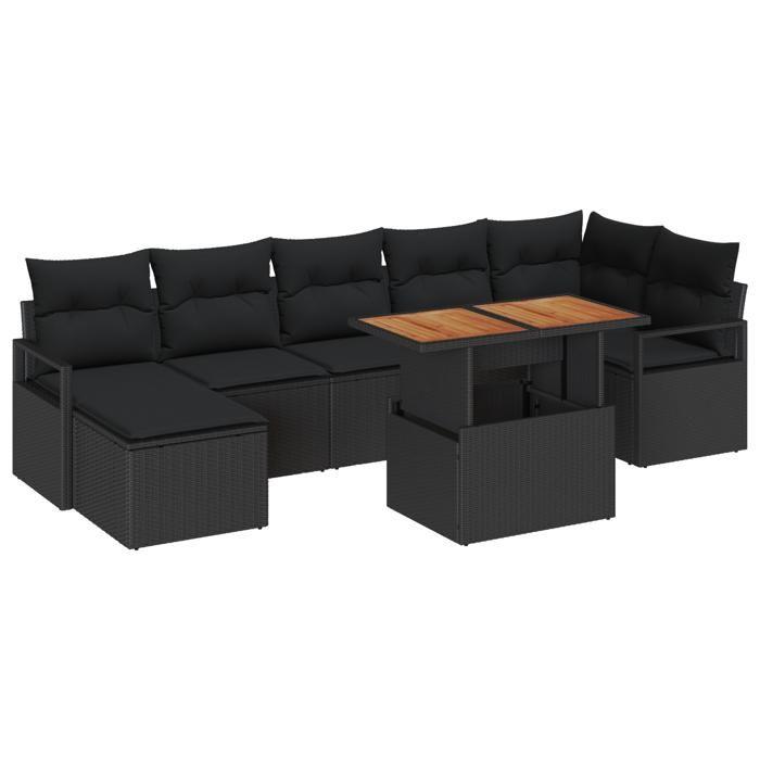 Ensemble de canapés de jardin de 8 pièces avec coussins noir poly rattan acacia, Sofa de jardin deux places avec coussins 3349743