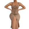 Sexy Summer Women Sleeveless Bodycon Maxi Dress Ribbed Knit Long Tank Button Down