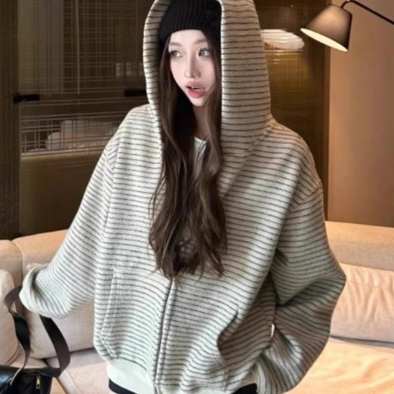 Paski Damskie Topy Zamek Jesień Zima Y2k Bluzy Koreańskie Luźne Z Kapturem Retro Kurtka