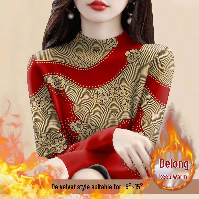 Women's Plus Size Fleece Lined Semi-High Neck Long Sleeve T-Shirt