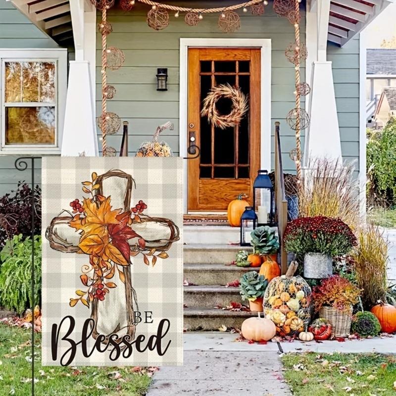Double Sided Fall Yard Decoration Seasonal Maple Leaf Crosses Garden Flag 12x18 Inch for Thanksgiving Outdoor Display