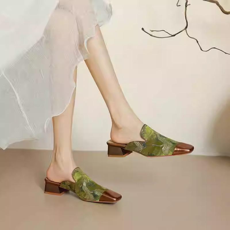 Fashion Spring Chunky Heel Sandals Women's Square Head Shallow Mouth Silk Cover Foot Anti-slip and Wear-resistant Mid-heel Slippers