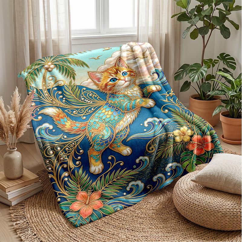 Fantasy Cat Flowers Sky Theme blanket Lightweight Warm Flannel Blanket Decorative Throw Blanket for Home Decoration