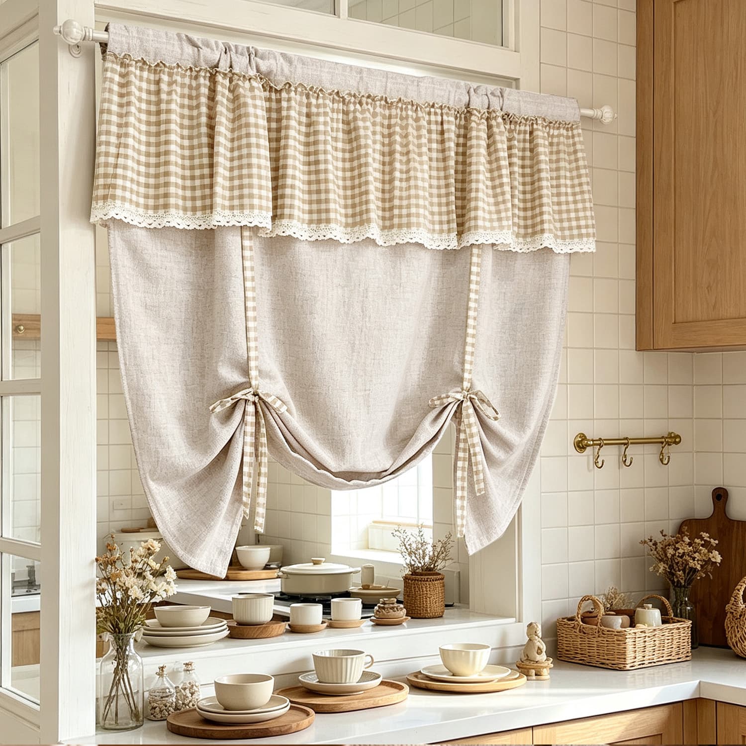 1 STuks Retro Geruit Gordijn Kant Gordijn voor Keuken, Woonkamer, Deur, Studeerkamer Verstelbaar Gordijn Huisdecoratie W100CM X H100CM&Special Rod Pocket&1 panel